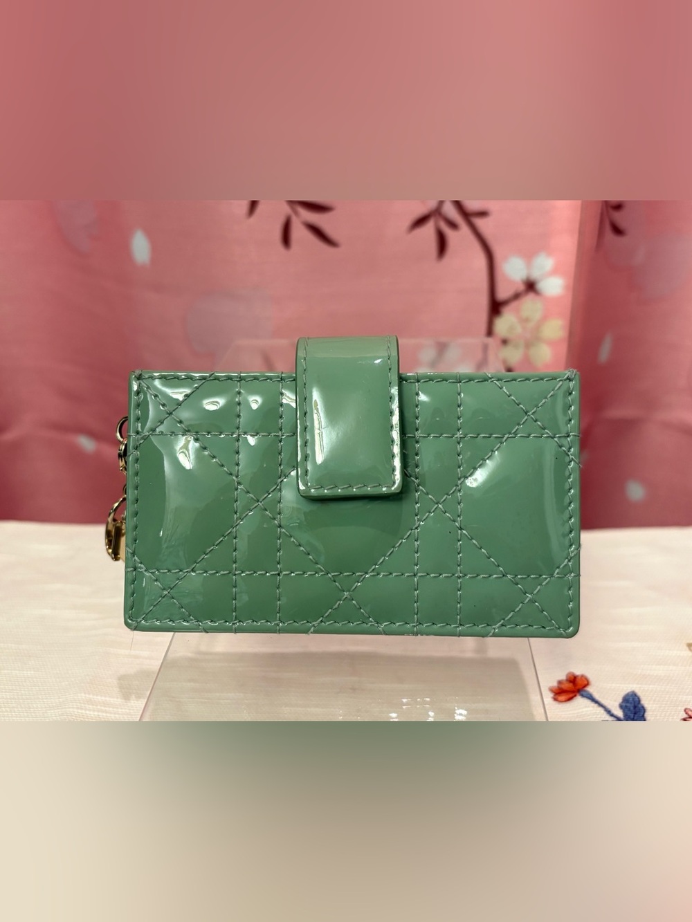 Christian Dior Cannage Jasmine Patent Leather Card Holder Sage Green Gold Wallet